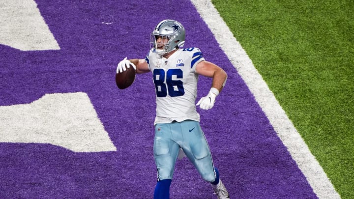 MINNEAPOLIS, MN – NOVEMBER 22: Dalton Schultz #86 of the Dallas Cowboys scores the go-ahead touchdown in the fourth quarter of the game against the Minnesota Vikings at U.S. Bank Stadium on November 22, 2020, in Minneapolis, Minnesota. (Photo by Stephen Maturen/Getty Images)