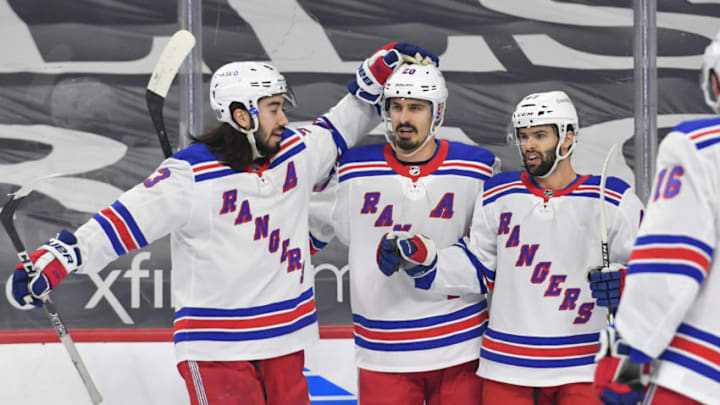 Feb 24, 2021; Philadelphia, Pennsylvania, USA; New York Rangers left wing Chris Kreider (20) celebrates his goal with center Mika Zibanejad (93) and center Colin Blackwell (43) against the Philadelphia Flyers during the first period at Wells Fargo Center. Mandatory Credit: Eric Hartline-USA TODAY Sports