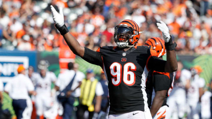 CINCINNATI, OH - SEPTEMBER 25: Carlos Dunlap #96 of the Cincinnati Bengals celebrates after a defensive stop during the third quarter of the game against the Denver Broncos at Paul Brown Stadium on September 25, 2016 in Cincinnati, Ohio. (Photo by Joe Robbins/Getty Images)