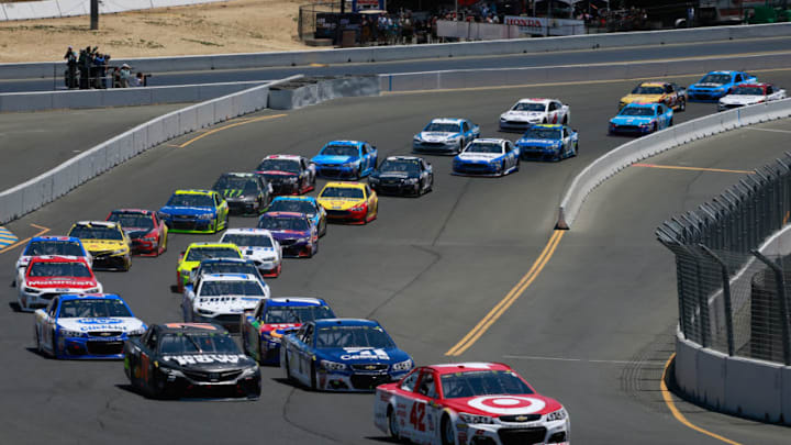 SONOMA, CA - JUNE 25: Kyle Larson, driver of the #42 Target Chevrolet, leads the field to start the Monster Energy NASCAR Cup Series Toyota/Save Mart 350 at Sonoma Raceway on June 25, 2017 in Sonoma, California. (Photo by Matt Sullivan/Getty Images)