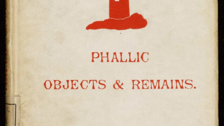 The cover of the 1889 book Phallic Objects, Monuments and Remains; Illustrations of the Rise and Development of the Phallic Idea (Sex Worship) and Its Embodiment in Works of Nature and Art, written by Hargrave Jennings