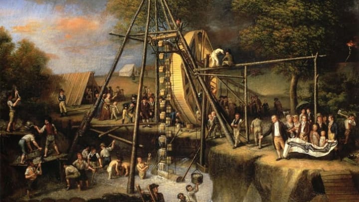 This 1806 painting by Charles Willson Peale, titled The Exhumation of the Mastadon, shows mastodon bones being excavated from a water-filled pit.