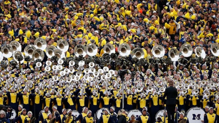 ANN ARBOR, MI - OCTOBER 17: The Michigan Wolverines student section and marching band during the college football game against the Michigan State Spartans at Michigan Stadium on October 17, 2015 in Ann Arbor, Michigan. (Photo by Christian Petersen/Getty Images)