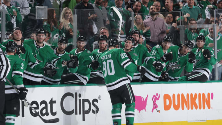 DALLAS, TX – MAY 1: Jason Spezza #90 and the Dallas Stars celebrate a goal against the St. Louis Blues in Game Four of the Western Conference Second Round during the 2019 NHL Stanley Cup Playoffs at the American Airlines Center on May 1, 2019 in Dallas, Texas. (Photo by Glenn James/NHLI via Getty Images)