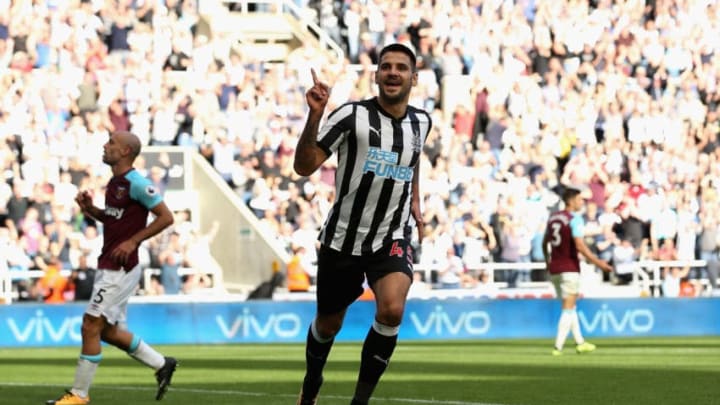 NEWCASTLE UPON TYNE, ENGLAND – AUGUST 26: Aleksandar Mitrovic of Newcastle United celebrates scoring his sides third goal during the Premier League match between Newcastle United and West Ham United at St. James Park on August 26, 2017 in Newcastle upon Tyne, England. (Photo by Jan Kruger/Getty Images)