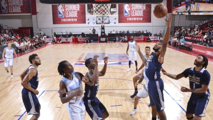 LAS VEGAS, NV - JULY 14: Jaleel Cousins #25 of the New Orleans Pelicans shoots the ball against the Denver Nuggets during the 2017 Summer League on July 14, 2017 at the Cox Pavilion in Las Vegas, Nevada. NOTE TO USER: User expressly acknowledges and agrees that, by downloading and or using this Photograph, user is consenting to the terms and conditions of the Getty Images License Agreement. Mandatory Copyright Notice: Copyright 2017 NBAE (Photo by David Dow/NBAE via Getty Images)