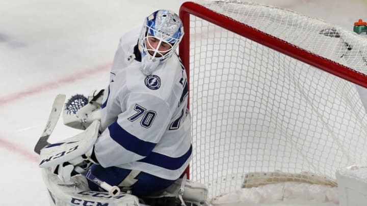 BOSTON - FEBRUARY 28: Tampa Bay Lightning goalie Louis Domingue looks back at the goal scored by the Bruins' Brad Marchand in the third period. The Boston Bruins host the Tampa Bay Lightning in a regular season NHL hockey game at TD Garden in Boston on Feb. 28, 2019. (Photo by John Tlumacki/The Boston Globe via Getty Images)