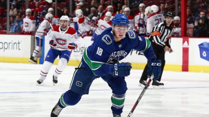 VANCOUVER, BC - NOVEMBER 17: Jake Virtanen #18 of the Vancouver Canucks skates up ice during their NHL game against the Montreal Canadiens at Rogers Arena November 17, 2018 in Vancouver, British Columbia, Canada. (Photo by Jeff Vinnick/NHLI via Getty Images)"n