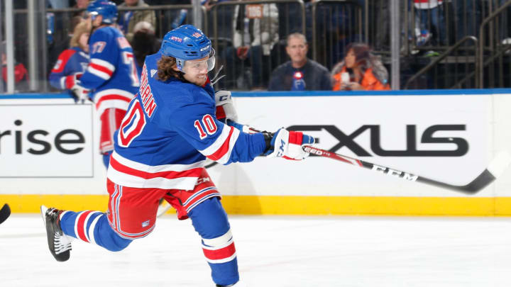 NEW YORK, NY – FEBRUARY 07: Artemi Panarin #10 of the New York Rangers shoots the puck during warmups prior to the game against the Buffalo Sabres at Madison Square Garden on February 7, 2020 in New York City. (Photo by Jared Silber/NHLI via Getty Images)