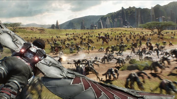 Marvel Studios’ AVENGERS: INFINITY WAR..Falcon (Anthony Mackie) flying over Wakanda battlefield..Photo: Film Frame..©Marvel Studios 2018