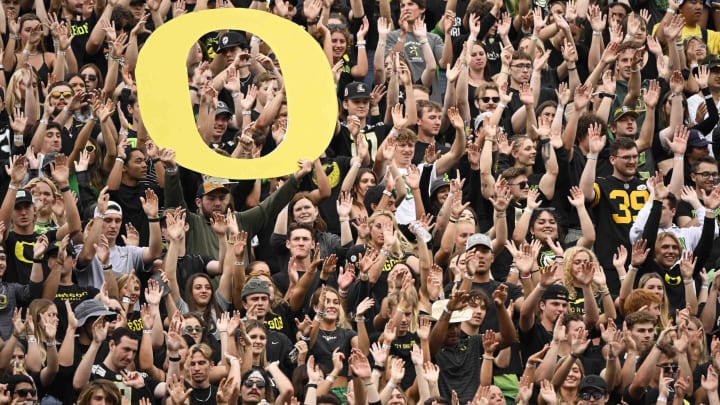 Sep 17, 2022; Eugene, Oregon, USA; Oregon Ducks football fans sing a song during a timeout during the second half again the Brigham Young Cougars at Autzen Stadium. Oregon won the game 41-20. Mandatory Credit: Troy Wayrynen-USA TODAY Sports