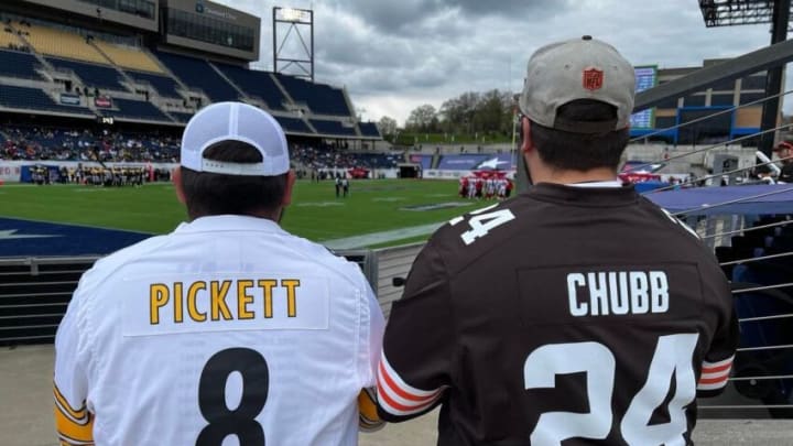 Pittsburgh Steelers and Cleveland Browns attire was a common sight at Sunday's USFL regular season opener at Tom Benson Hall of Fame Stadium in Canton.Usfl Fans Pittsburgh And Cleveland Main