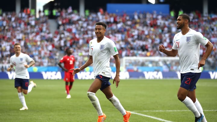 NIZHNY NOVGOROD, RUSSIA – JUNE 24: Jesse Lingard of England celebrates with teammate Ruben Loftus-Cheek after scoring his team’s third goal during the 2018 FIFA World Cup Russia group G match between England and Panama at Nizhny Novgorod Stadium on June 24, 2018 in Nizhny Novgorod, Russia. (Photo by Clive Brunskill/Getty Images)
