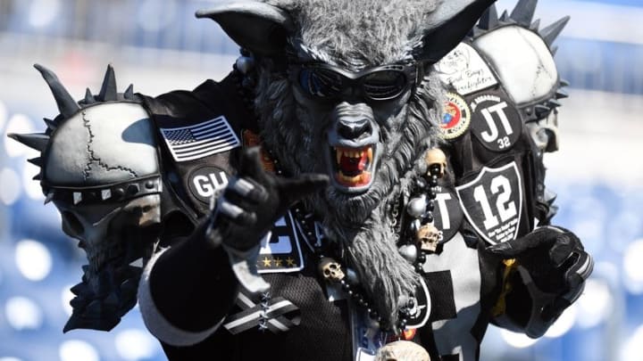Sep 25, 2016; Nashville, TN, USA; Oakland Raiders fan Fire Wolf prior to the game against the Tennessee Titans at Nissan Stadium. Mandatory Credit: Christopher Hanewinckel-USA TODAY Sports