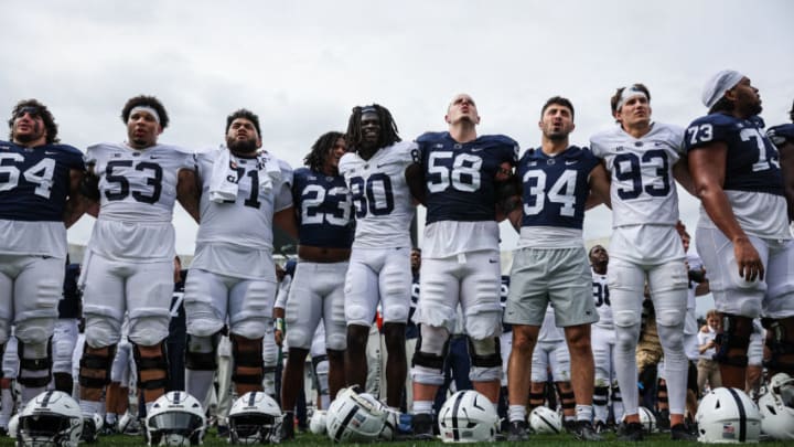 STATE COLLEGE, PA - APRIL 15: Penn State Nittany Lions players line up to sign the alma mater after the Penn State Spring Football Game at Beaver Stadium on April 15, 2023 in State College, Pennsylvania. (Photo by Scott Taetsch/Getty Images)