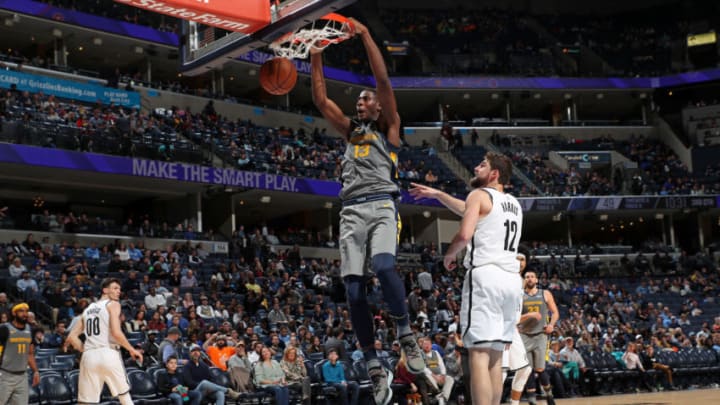 MEMPHIS, TN - JANUARY 4: Jaren Jackson Jr. #13 of the Memphis Grizzlies dunks the ball against the Brooklyn Nets on January 4, 2019 at FedExForum in Memphis, Tennessee. NOTE TO USER: User expressly acknowledges and agrees that, by downloading and or using this photograph, User is consenting to the terms and conditions of the Getty Images License Agreement. Mandatory Copyright Notice: Copyright 2019 NBAE (Photo by Joe Murphy/NBAE via Getty Images)