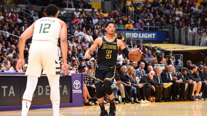 LOS ANGELES, CA - MARCH 30: Josh Hart #5 of the Los Angeles Lakers handles the ball during the game against the Milwaukee Bucks on March 30, 2018 at STAPLES Center in Los Angeles, California. NOTE TO USER: User expressly acknowledges and agrees that, by downloading and/or using this Photograph, user is consenting to the terms and conditions of the Getty Images License Agreement. Mandatory Copyright Notice: Copyright 2018 NBAE (Photo by Andrew D. Bernstein/NBAE via Getty Images)