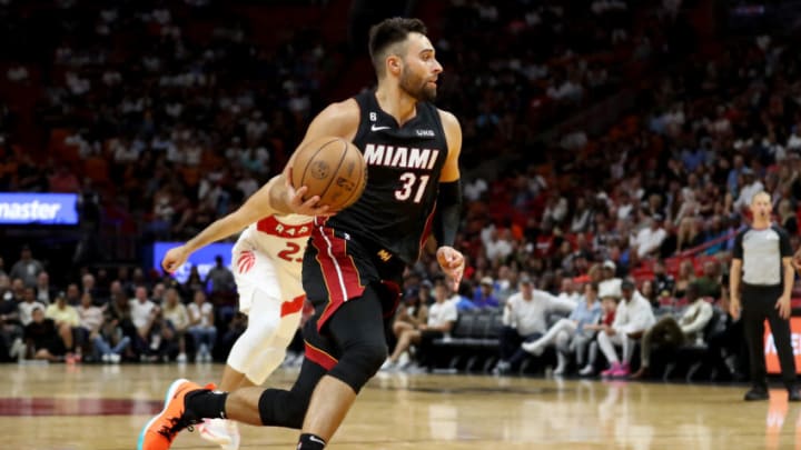 Max Strus #31 of the Miami Heat drives to the basket against the Toronto RaptorsPhoto by Megan Briggs/Getty Images)