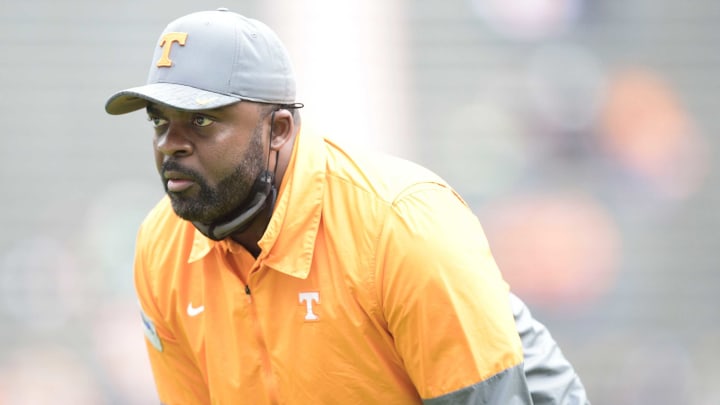 Tennessee linebackers coach Brian Jean-Mary at the Orange & White spring game at Neyland Stadium in Knoxville, Tenn. on Saturday, April 24, 2021.Kns Vols Spring Game