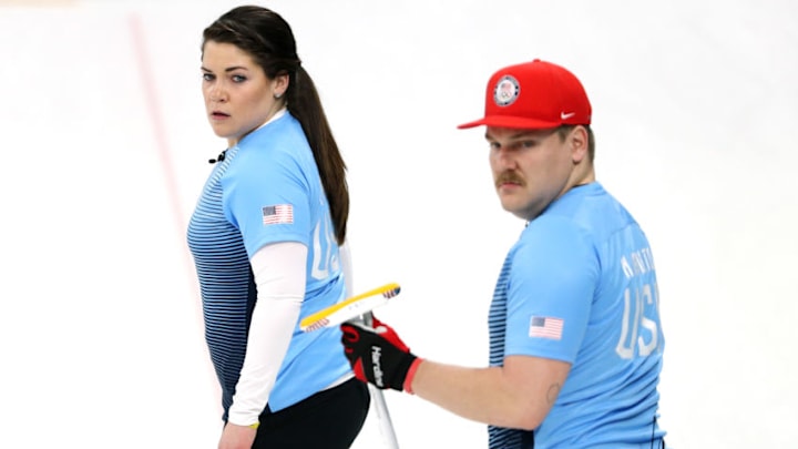 GANGNEUNG, SOUTH KOREA - FEBRUARY 8: Becca Hamilton and Matt Hamilton of the United States of America look on in the Curling Mixed Doubles Round Robin Session 2 during the PyeongChang 2018 Winter Olympic Games at Gangneung Curling Centre on February 8, 2018 in Gangneung, South Korea. (Photo by Maddie Meyer/Getty Images)