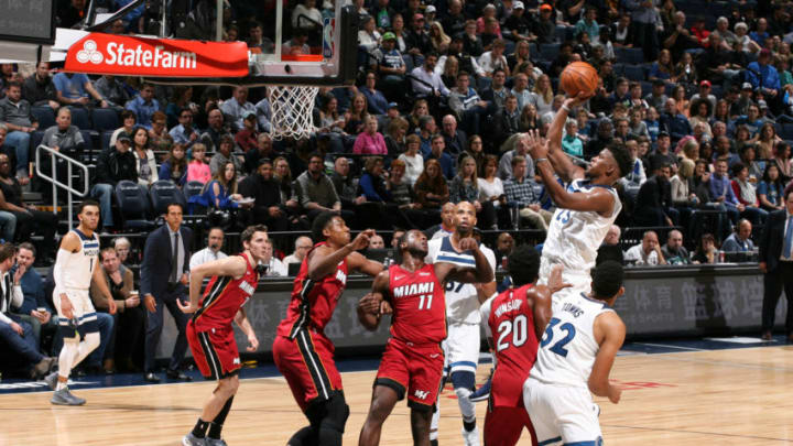 Jimmy Butler #23 of the Minnesota Timberwolves shoots the ball against the Miami Heat (Photo by David Sherman/NBAE via Getty Images)