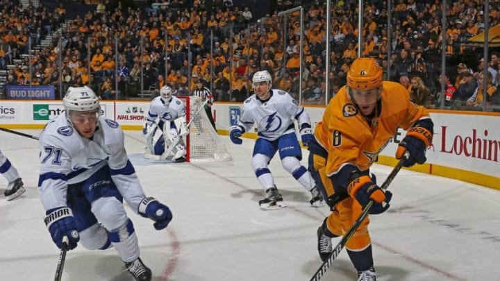 NASHVILLE, TENNESSEE - NOVEMBER 19: Kyle Turris #8 of the Nashville Predators skates against Anthony Cirelli #71 of the Tampa Bay Lightning during the first period at Bridgestone Arena on November 19, 2018 in Nashville, Tennessee. (Photo by Frederick Breedon/Getty Images)