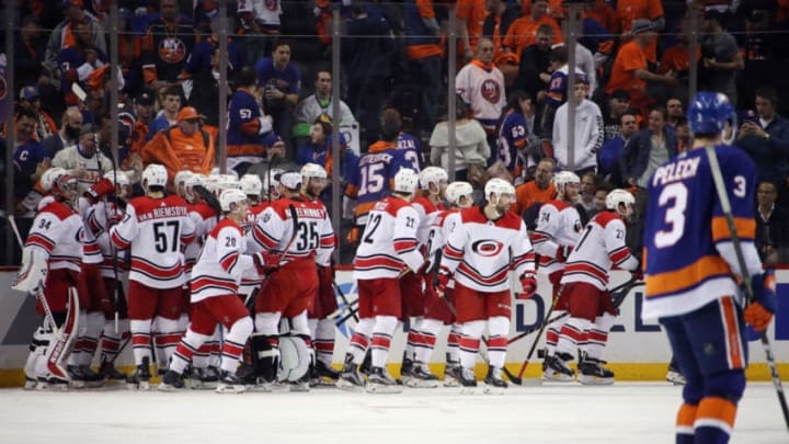 NEW YORK, NEW YORK - APRIL 26: The Carolina Hurricanes celebrate their 1-0 overtime victory over the New York Islanders in Game One of the Eastern Conference Second Round during the 2019 NHL Stanley Cup Playoffs at the Barclays Center on April 26, 2019 in the Brooklyn borough of New York City. (Photo by Bruce Bennett/Getty Images)