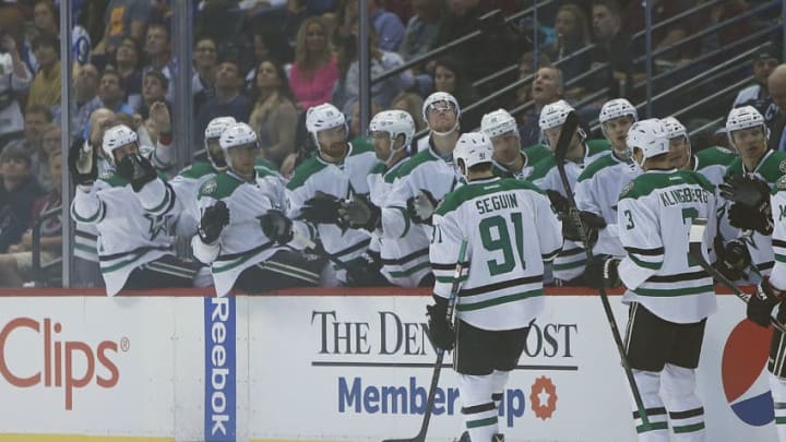 October 15 2016: Members of the Stars celebrate a goal by Dallas Stars center, Tyler Seguin (91) during a regular season NHL game between the Colorado Avalanche and the visiting Dallas Stars at the Pepsi Center in Denver, CO. (Photo by Russell Lansford/Icon Sportswire via Getty Images)