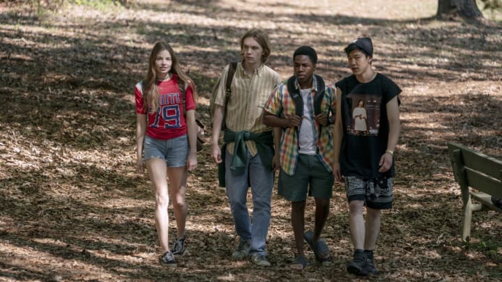 Looking For Alaska — Episode 101 – Miles Halter, seeking his Great Perhaps, enrolls at Culver Creek Academy. On his first day, he gets a new nickname, a best friend, some enemies, and meets the wild, unpredictable, and enigmatic girl who lives down the hall: Alaska Young. Alaska (Kristine Froseth), Miles (Charlie Plummer), The Colonel (Denny Love), and Takumi (Jay Lee), shown. (Photo by: Alfonso Bresciani/Hulu)