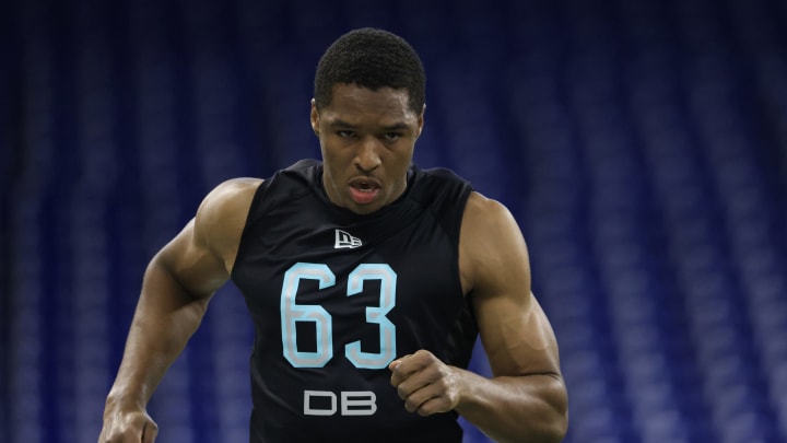 INDIANAPOLIS, INDIANA – MARCH 06: J T Woods #DB63 of the Baylor Bears runs the 40 yard dash during the NFL Combine at Lucas Oil Stadium on March 06, 2022 in Indianapolis, Indiana. (Photo by Justin Casterline/Getty Images)