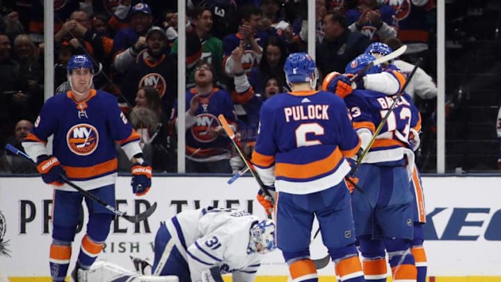 Derick Brassard #10 and the New York Islanders celebrate his third period goal against Frederik Andersen #31 of the Toronto Maple Leafs at NYCB Live's Nassau Coliseum. (Photo by Bruce Bennett/Getty Images)