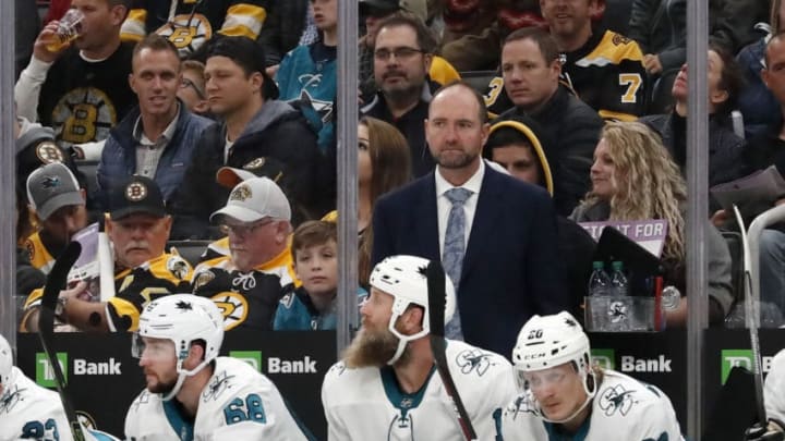 BOSTON, MA - OCTOBER 29: San Jose Sharks head coach Peter DeBoer reacts to a Bruins goal during a game between the Boston Bruins and the San Jose Sharks on October 29, 2019, at TD Garden in Boston, Massachusetts. (Photo by Fred Kfoury III/Icon Sportswire via Getty Images)