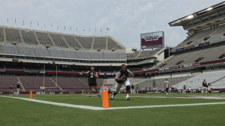 Sep 16, 2023; College Station, Texas, USA; Texas A&M Aggies offensive lineman James Bailey (79) and offensive lineman Remington Strickland (68) warm up before the game against the Louisiana Monroe Warhawks at Kyle Field. Mandatory Credit: Troy Taormina-USA TODAY Sports