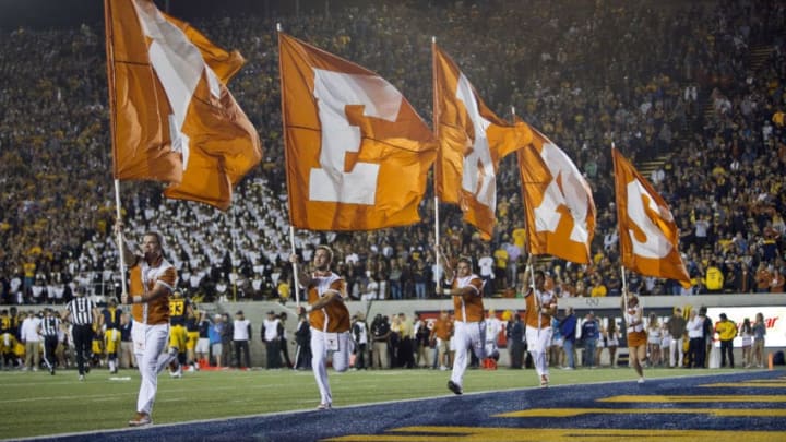 BERKELEY, CA - SEPTEMBER 17: The Texas Longhorns celebrate a touchdown against the California Golden Bears in the first quarter on September 17, 2016 at California Memorial Stadium in Berkeley, California. Cal won 50-43. (Photo by Brian Bahr/Getty Images) *** Local Caption ***