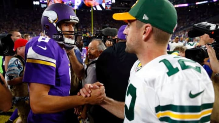 MINNEAPOLIS, MN – SEPTEMBER 18: Quarterback Sam Bradford #8 of the Minnesota Vikings and quarterback Aaron Rodgers #12 of the Green Bay Packers shake hands after the game on September 18, 2016 in Minneapolis, Minnesota. (Photo by Jamie Squire/Getty Images)