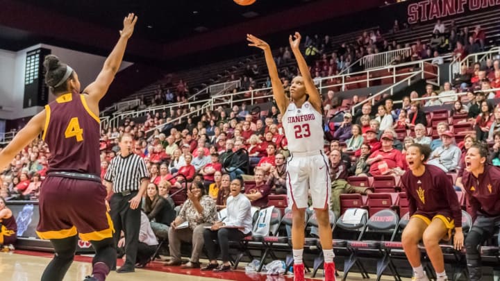 PALO ALTO, CA – JANUARY 26:Stanford Cardinal guard Kiana Williams (23) gets off a 3-point basket during the game between the Arizona State Sun Devils and the Stanford Cardinals on Friday, January 26, 2018 at Maples Pavilion, Stanford, California. (Photo by Douglas Stringer/Icon Sportswire via Getty Images)