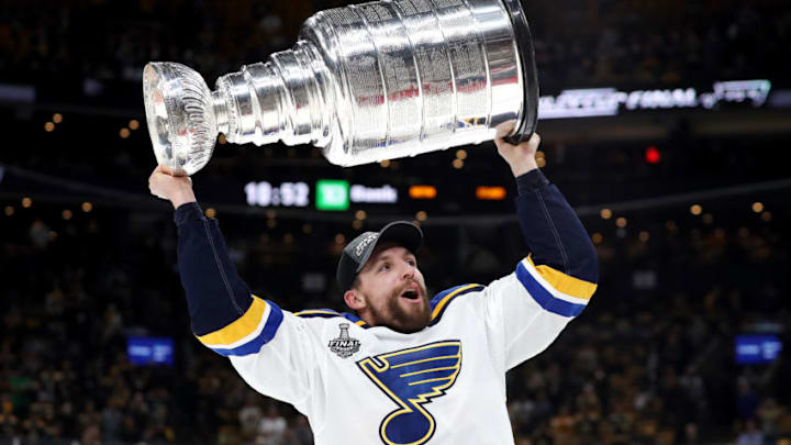 BOSTON, MASSACHUSETTS - JUNE 12: David Perron #57 of the St. Louis Blues celebrates with the Stanley cup after defeating the Boston Bruins in Game Seven of the 2019 NHL Stanley Cup Final at TD Garden on June 12, 2019 in Boston, Massachusetts. (Photo by Patrick Smith/Getty Images) BOSTON, MASSACHUSETTS - JUNE 12: David Perron #57 of the St. Louis Blues celebrates with the Stanley cup after defeating the Boston Bruins in Game Seven of the 2019 NHL Stanley Cup Final at TD Garden on June 12, 2019 in Boston, Massachusetts. (Photo by Patrick Smith/Getty Images)