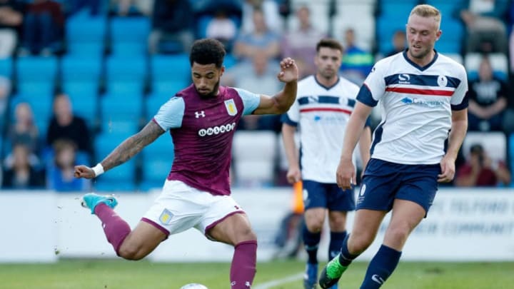 TELFORD, ENGLAND - JULY 12: Andre Green of Aston Villa scores the first goal of the game during the Pre-Season Friendly between AFC Telford United and Aston Villa at New Bucks Head Stadium on July 12, 2017 in Telford, England. (Photo by Malcolm Couzens/Getty Images)