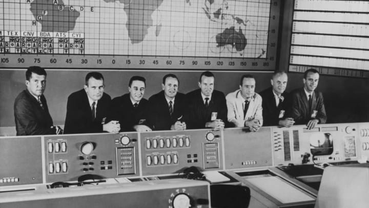 From left: Wally Schirra, Deke Slayton, Gus Grissom, Christopher Craft of the Mercury Operations Division, Gordon Cooper, Scott Carpenter, John Glenn, and Alan Shepard.