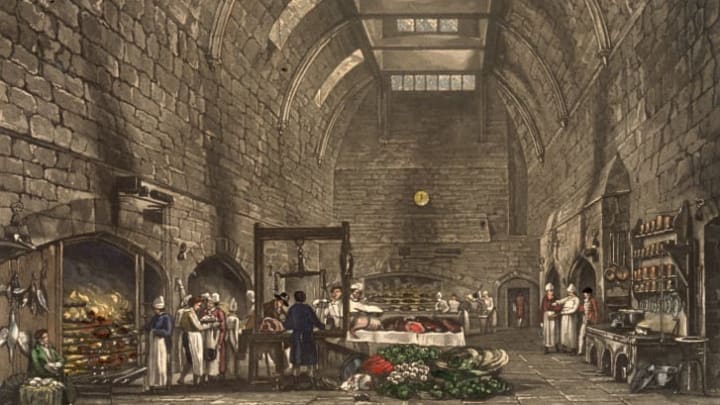 Culinary staff at work in the huge vaulted kitchen at Windsor Castle in 1818