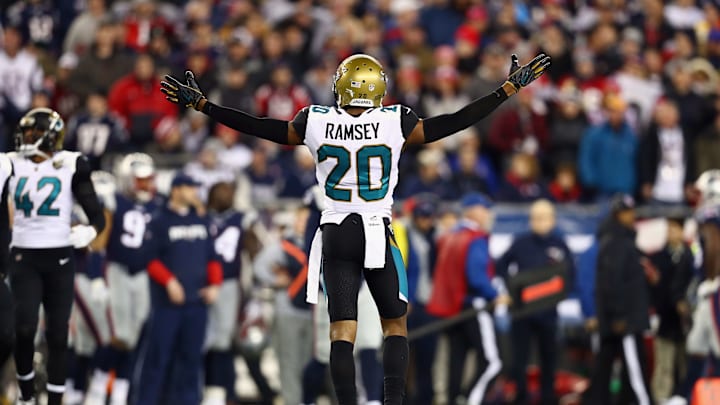 FOXBOROUGH, MA – JANUARY 21: Jalen Ramsey #20 of the Jacksonville Jaguars reacts during the second half of the AFC Championship Game against the New England Patriots at Gillette Stadium on January 21, 2018 in Foxborough, Massachusetts. (Photo by Adam Glanzman/Getty Images)