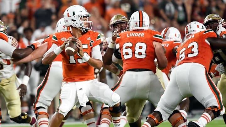 Oct 8, 2016; Miami Gardens, FL, USA; Miami Hurricanes quarterback Brad Kaaya (15) throws a pass during the first half against Florida State Seminoles at Hard Rock Stadium. Mandatory Credit: Steve Mitchell-USA TODAY Sports