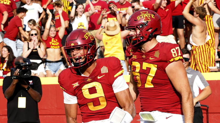 AMES, IA – SEPTEMBER 9: Wide receiver Jayden Higgins #9 of the Iowa State Cyclones celebrates with teammate tight end Easton Dean #87 of the Iowa State Cyclones after scoring a touchdown in the second half of play at Jack Trice Stadium on September 9, 2023 in Ames, Iowa. The Iowa Hawkeyes won 20-13 over Iowa State Cyclones. (Photo by David K Purdy/Getty Images)