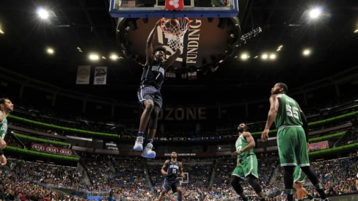 ORLANDO, FL - MARCH 16: Jonathan Isaac #1 of the Orlando Magic dunks the ball against the Boston Celtics on March 16, 2018 at Amway Center in Orlando, Florida. NOTE TO USER: User expressly acknowledges and agrees that, by downloading and or using this photograph, User is consenting to the terms and conditions of the Getty Images License Agreement. Mandatory Copyright Notice: Copyright 2018 NBAE (Photo by Fernando Medina/NBAE via Getty Images)