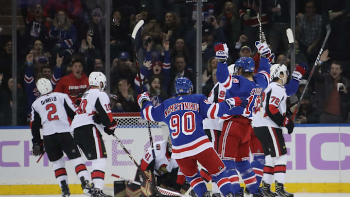 NEW YORK, NEW YORK – NOVEMBER 26: Marc Staal #18 of the New York Rangers celebrates his first period goal against the Ottawa Senators at Madison Square Garden on November 26, 2018 in New York City. (Photo by Bruce Bennett/Getty Images)