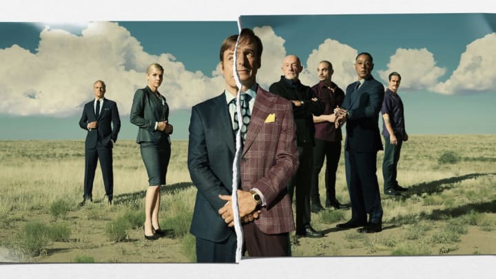 Patrick Fabian, Rhea Seehorn, Bob Odenkirk, Jonathan Banks, Michael Mando, Giancarlo Esposito, and Tony Dalton in Better Call Saul.