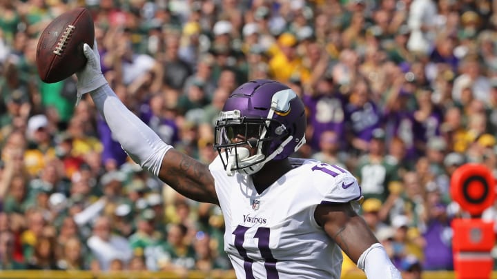 GREEN BAY, WI – SEPTEMBER 16: Laquon Treadwell #11 of the Minnesota Vikings celebrates a touchdown catch against the Green Bay Packers at Lambeau Field on September 16, 2018 in Green Bay, Wisconsin. The Vikings and the Packers tied 29-29 after overtime. (Photo by Jonathan Daniel/Getty Images)