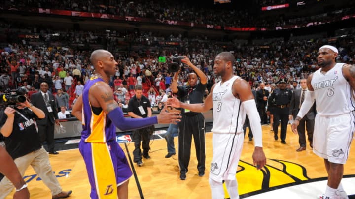 Kobe Bryant #24 of the Los Angeles Lakers and Dwyane Wade #3 of the Miami Heat congratulate each other after a game (Photo by Andrew D. Bernstein/NBAE via Getty Images)
