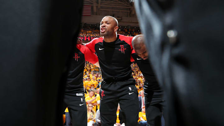 SALT LAKE CITY, UT - APRIL 20: PJ Tucker #17 of the Houston Rockets leads a huddle during Game Three of Round One of the 2019 NBA Playoffs on April 20, 2019 at vivint.SmartHome Arena in Salt Lake City, Utah. NOTE TO USER: User expressly acknowledges and agrees that, by downloading and or using this Photograph, User is consenting to the terms and conditions of the Getty Images License Agreement. Mandatory Copyright Notice: Copyright 2019 NBAE (Photo by Melissa Majchrzak/NBAE via Getty Images)