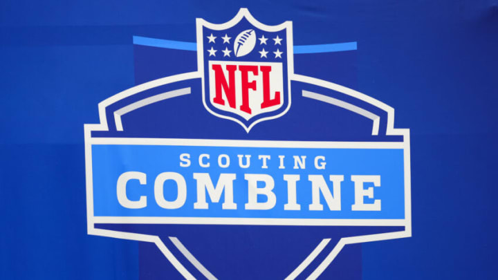 INDIANAPOLIS, INDIANA - MARCH 02: A detailed view of the NFL Combine logo at Lucas Oil Stadium on March 02, 2023 in Indianapolis, Indiana. (Photo by Stacy Revere/Getty Images)